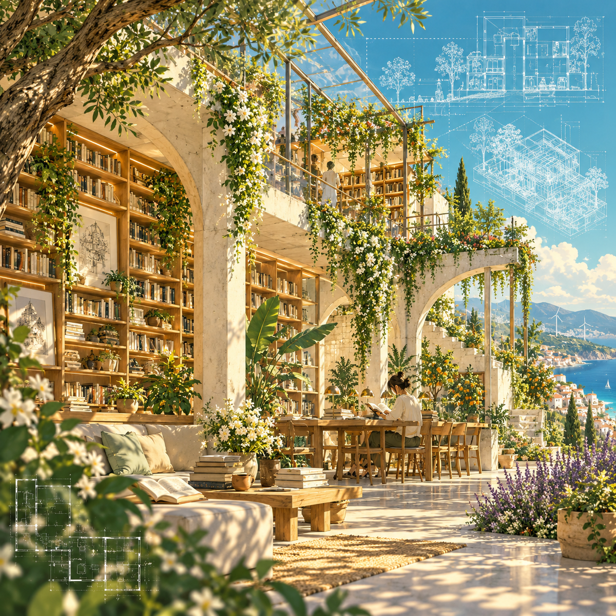 Sunlit solarpunk library with plants and architectural drawings