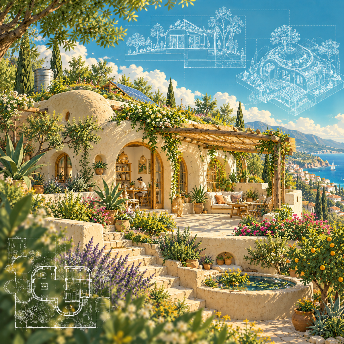 Solarpunk earth architecture with rounded forms and blueprint overlays