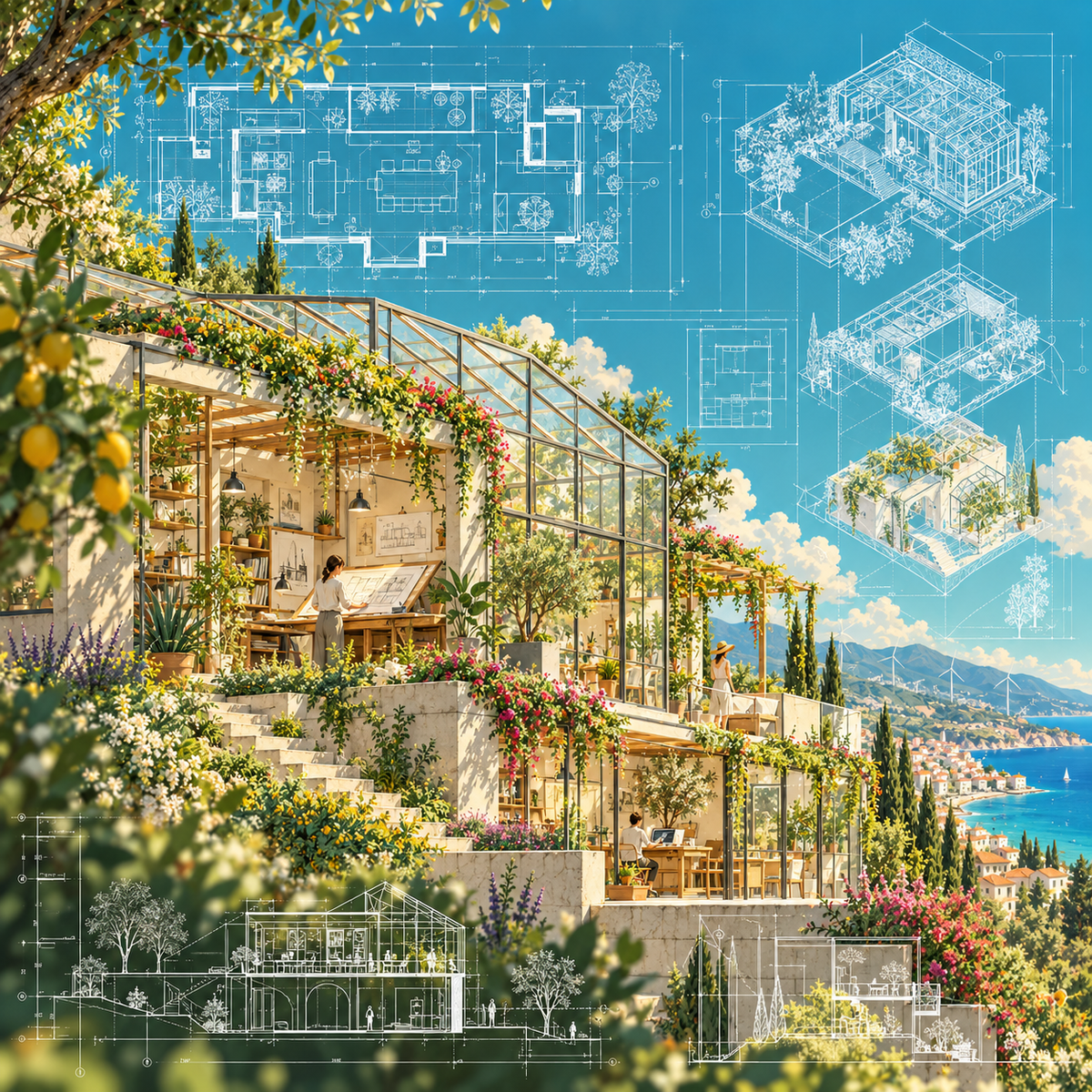 Solarpunk greenhouse studio with architectural blueprint overlays