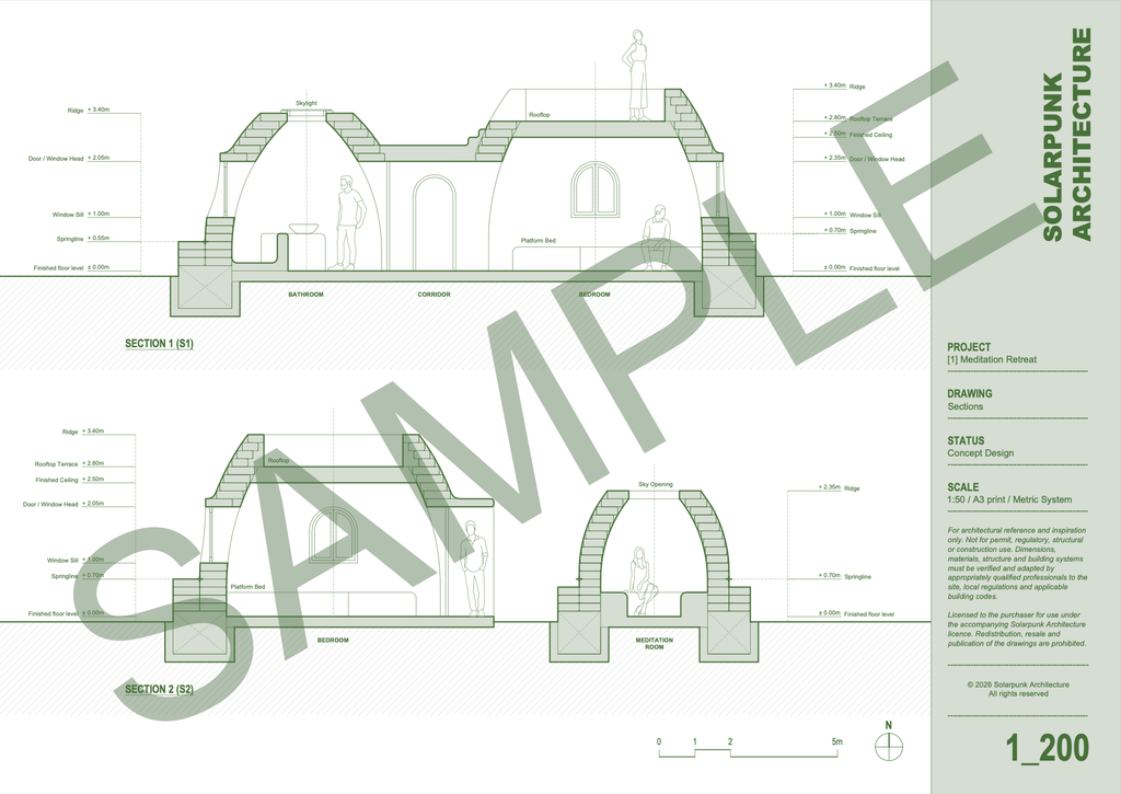 Earthbag House Plan Set - One Bedroom Meditation Retreat