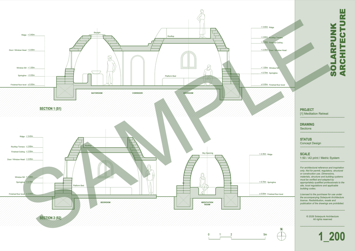 Earthbag House Plan Set - One Bedroom Meditation Retreat